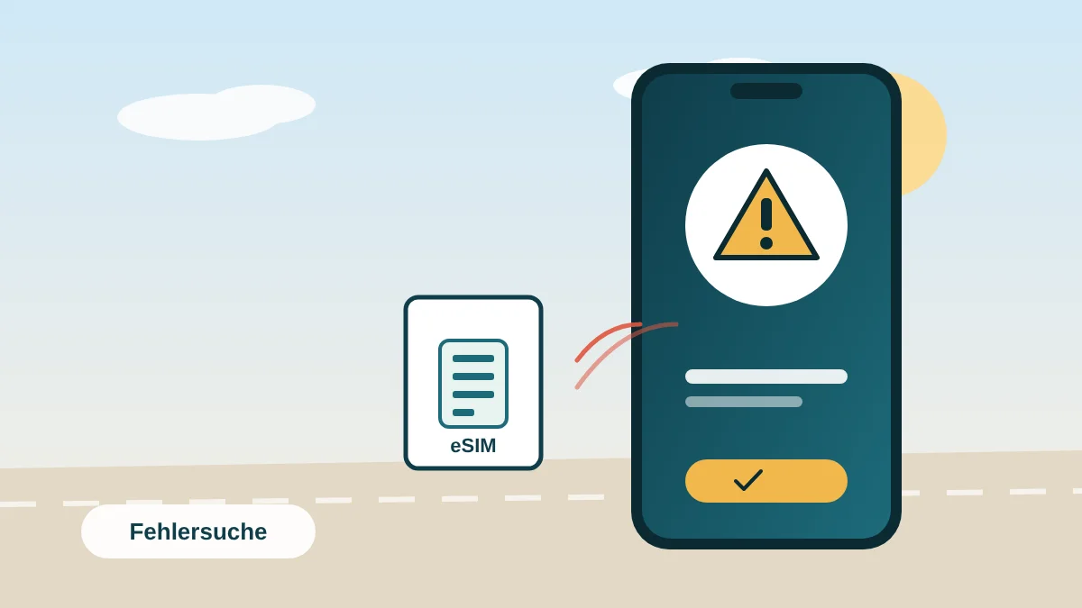 Smartphone mit Warnsymbol und eSIM-Karte zur Fehlersuche