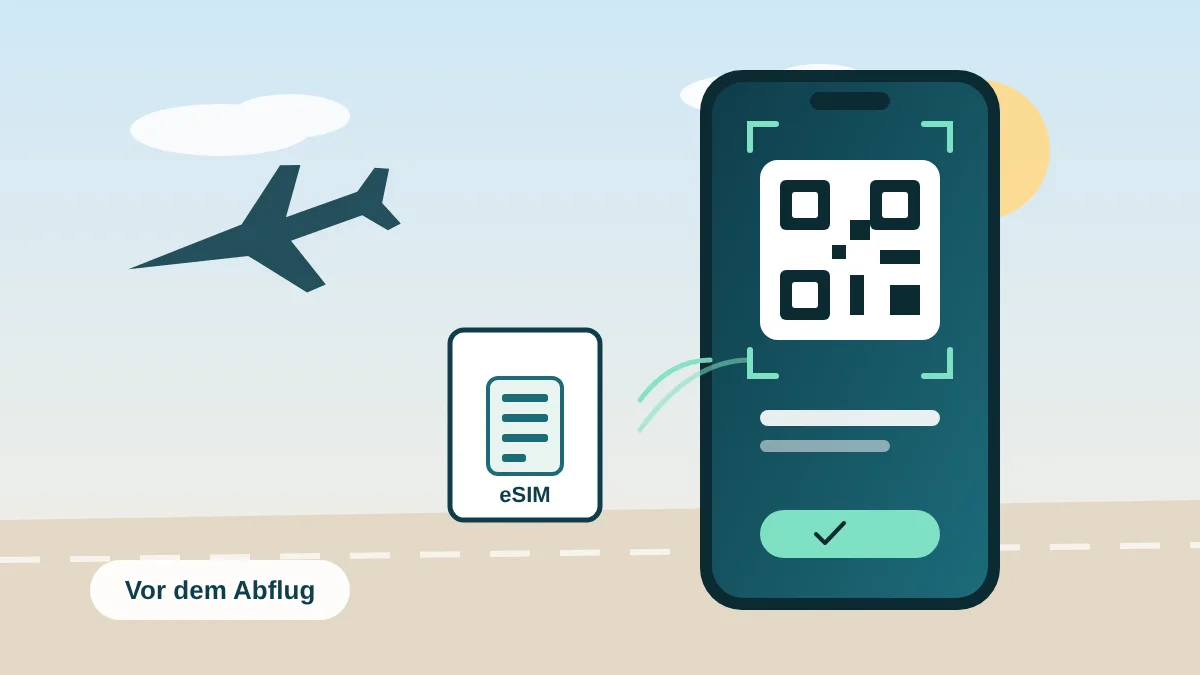 Person richtet am Flughafen eine eSIM auf dem Smartphone ein